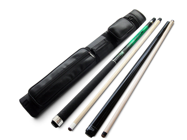 Champion Green Spider Billiard Pool Cue, Black Nemesis break cue, 2X2 Black Case