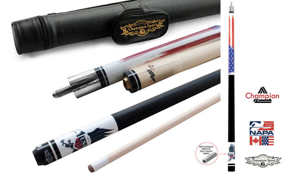 Champion GA2 Gator Pool Cue Stick, 314 Taper, 5/6x 18 Joint, white or Black Case