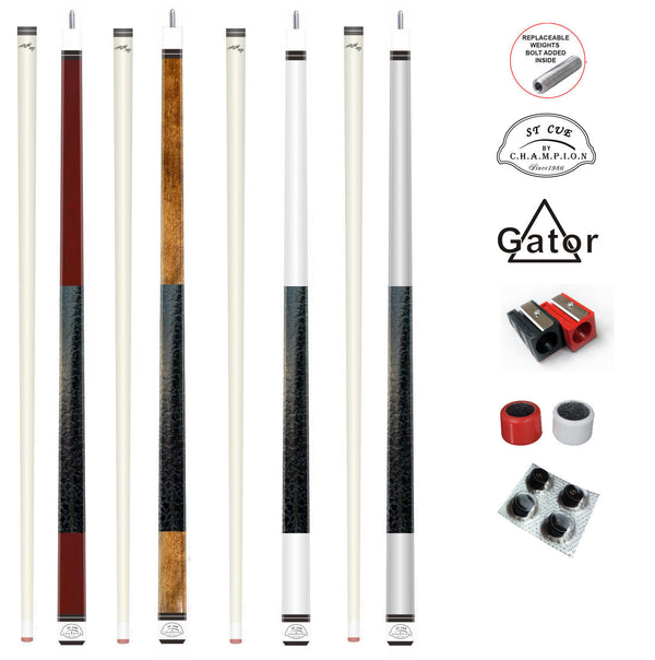 Lot of 4! Champion ST Wine/Brown/White/Silver Pool Stick , Cuetec Glove, 4 Black Tips