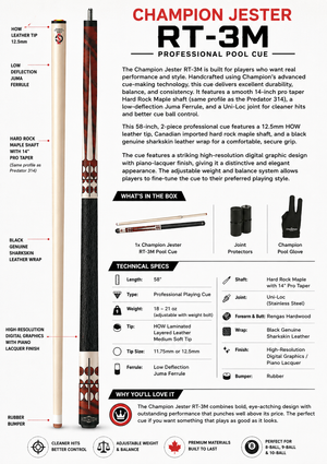 Champion Jester RT-3M Uni-Loc Pool Cue  Includes Hard Case, Joint Protectors & Playing Glove