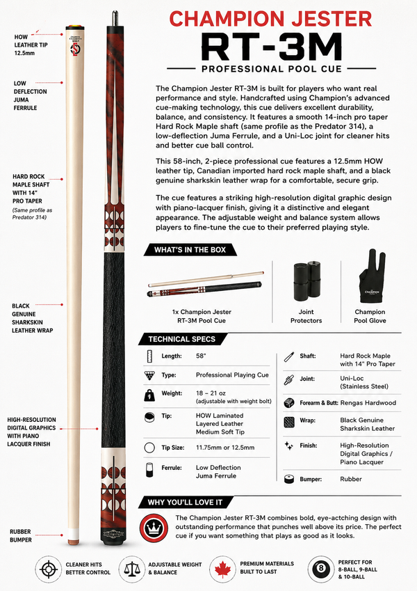Champion Jester RT-3M Uni-Loc Pool Cue  Includes Hard Case, Joint Protectors & Playing Glove