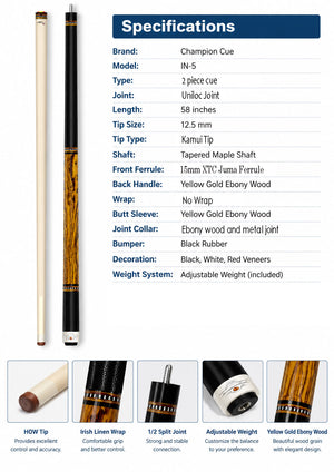 Champion Handcrafted IN5 Inlay Pool Cue  , Hybrid Pro Shaft, Uni-loc Joint,  + Hard Case, Joint Protectors, Aim Trainer and Playing Glove
