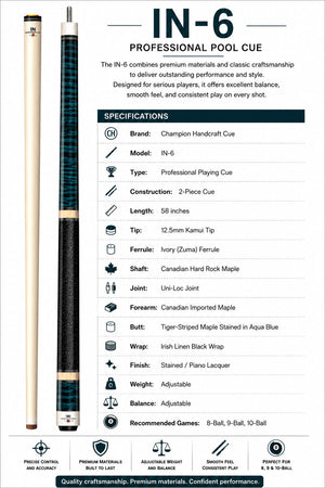 Champion Handcrafted IN6 Inlay Pool Cue  , Hybrid Pro Shaft, Uni-loc Joint,  + Hard Case, Joint Protectors, Aim Trainer and Playing Glove