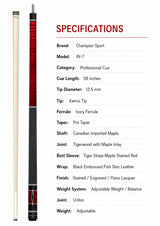 Champion Handcrafted IN7 Inlay Pool Cue  , Hybrid Pro Shaft, Uni-loc Joint  + Hard Case, Joint Protectors, Aim Trainer and Playing Glove