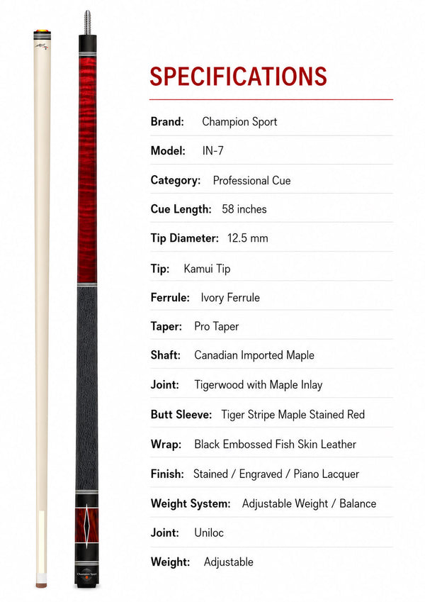 Champion Handcrafted IN7 Inlay Pool Cue  , Hybrid Pro Shaft, Uni-loc Joint  + Hard Case, Joint Protectors, Aim Trainer and Playing Glove