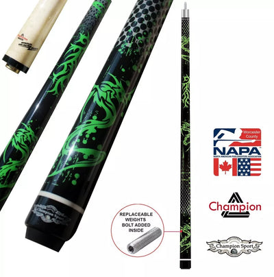 Champion Green Dragon Pool Cue Stick, 314 Taper, 5/6x 18, White or Black Case