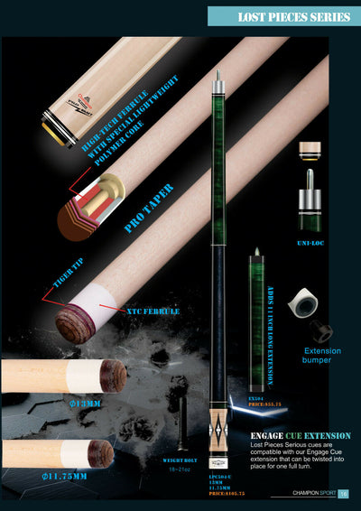 Champion Lost pieces Series Noroc Pool Cue Stick, White or Black Hard Case,Pro Taper Shaft, Uniloc Joint, Model: LPC504-U