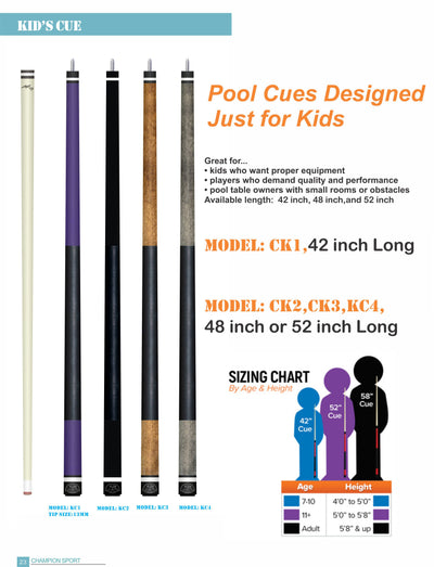 2022 New  Champion  KC-4 Children's Billiards Cue 48 inch or 52 inch, 16-20OZ, Champion or Cuetec glove, Color: Grey