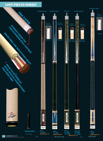 2021 Champion LPC2 Pool Cue Stick,Black or White Hard Case,Pro Taper shaft,58 inches or 60 inches long