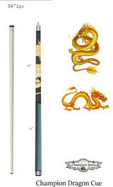 Champion Dragon Pool Cue Stick with Predator Uniloc Joint, Low Deflection Shaft (Black or White case)