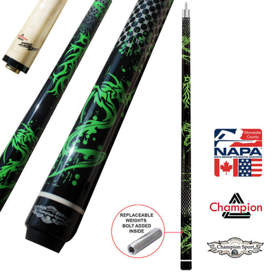 Champion Green Dragon Pool Cue Stick, 314 Taper, 5/6x 18 ,Tip size: 12mm,12.7mm, 13 mm