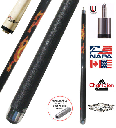 Champion Dragon Pool Cue Stick with Predator Uniloc Joint, Low Deflection Shaft (Black or White case)