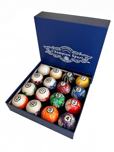 Champion  Marble Pool Balls set ( Black Rimmed Marble) Complete 16 Ball Set