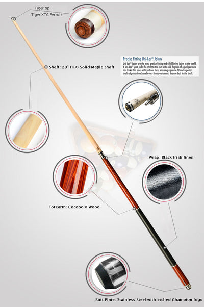 Champion Inlaid Custom Billiard NA Pool Cue Stick, Hybrid Shaft, Uni-loc Joint, Model: NA6