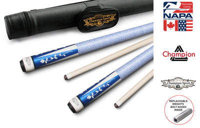 Champion Gator Blue TR5 Pool Cue Stick (5/16 x18), White or Black Hard Case, Champion Glove