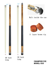 2022 New  Champion  KC-3 Children's Billiards Cue 48 inch or 52 inch, 16-20OZ, Champion or Cuetec glove, Color: Brown