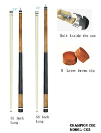 New Champion CK3 Brown Pool Cue Stick 48inch,52 inch or 58 inch ,Champion Glove