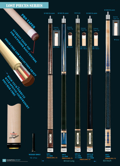 Champion Lost pieces Series Putere Pool Cue Stick, Black or White Hard Case ,Pro Taper Shaft,Uniloc Joint, Model: LPC3-U,58 inches or 60 inches long