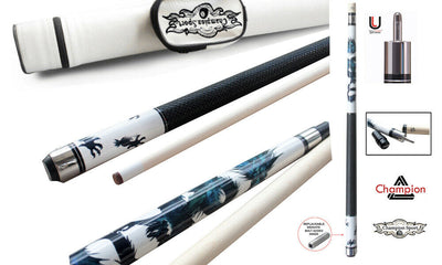 Champion White Dragon Pool Cue Stick 11.75mm or 12.5mm,White or Black case, Champion Glove